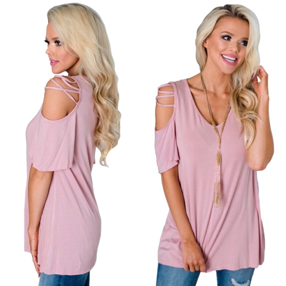 Strappy Cold Shoulder Short Sleeve Blush Pink Top - Picture 5 of 5